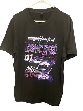 ROMWE Black Tee with Purple and Pink Racing Graphic